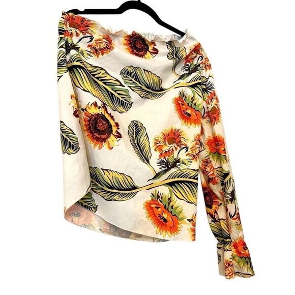Shein Floral Ruffle One Shoulder Long Sleeve Blouse Ivory Green Large - Picture 3 of 5